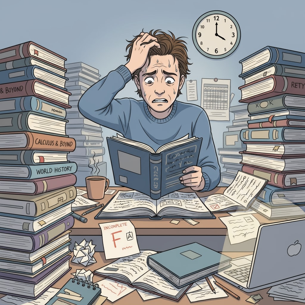 A student looking stressed while sitting at a desk surrounded by piles of homework A stressed student due to excessive homework, relevant to the student homework debate