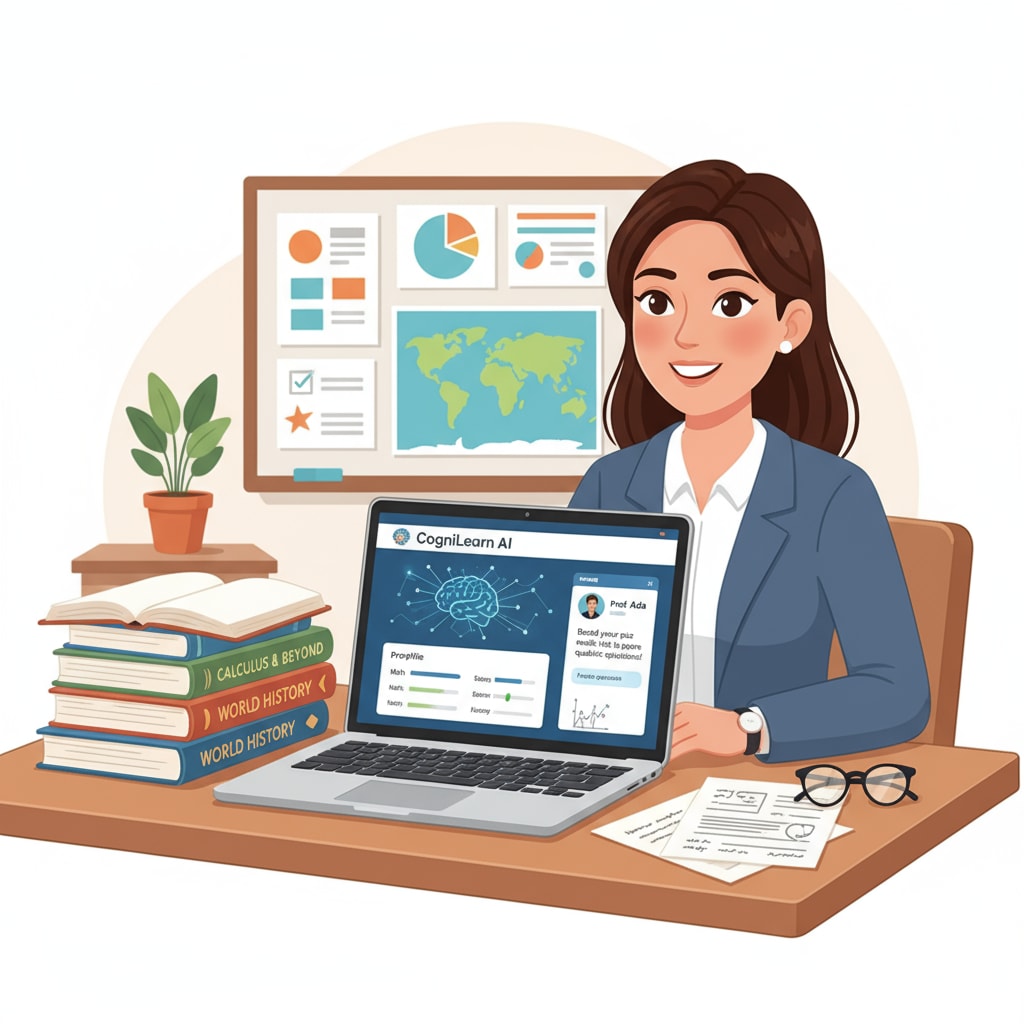 A teacher is sitting at a desk, using a laptop with an open window showing an AI - based educational software interface, with some papers and books nearby. A teacher using AI education tools for time management and instructional support.