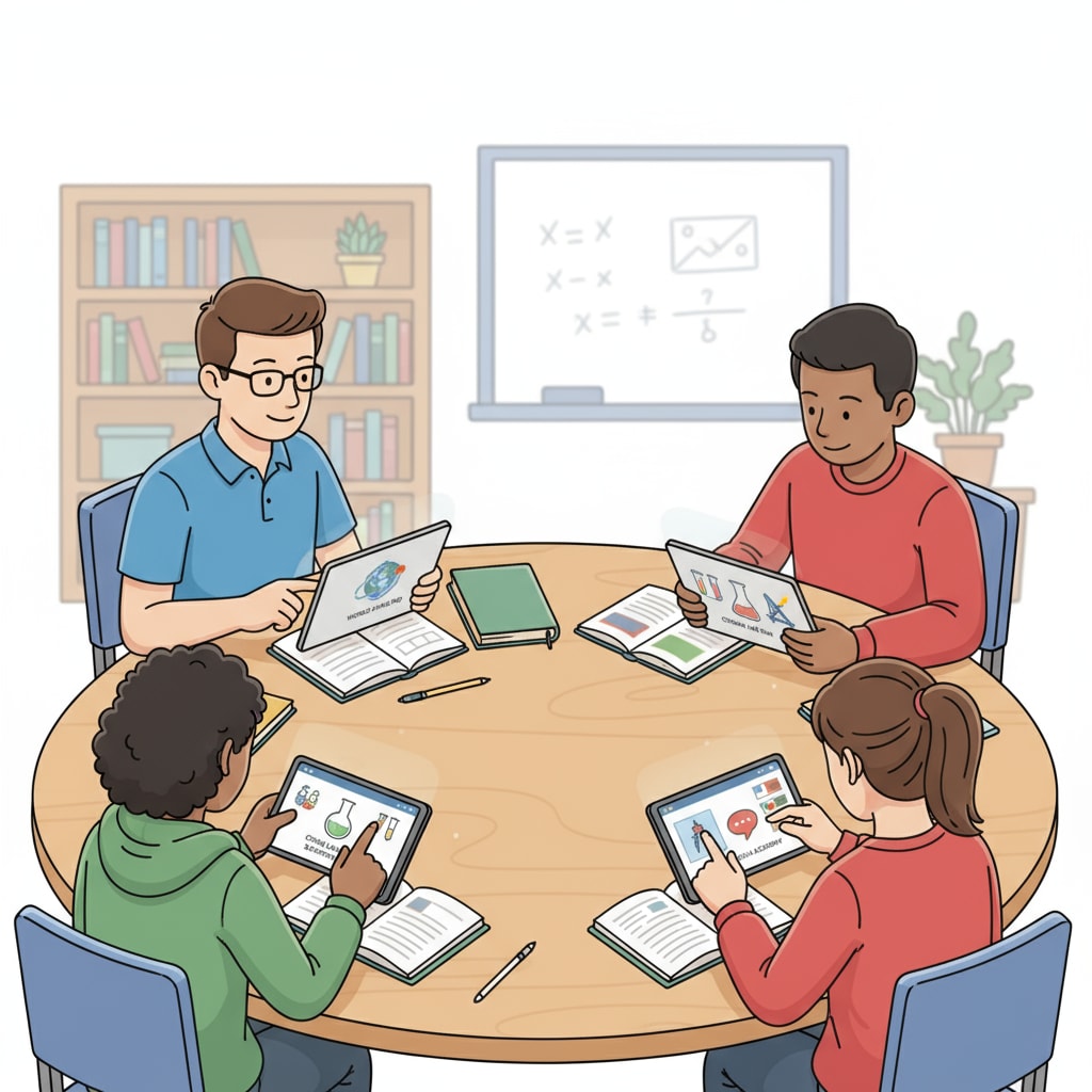 A group of students are sitting around a table, each using a tablet with educational apps clearly visible on the screens. Students using AI educational apps as part of instructional support.