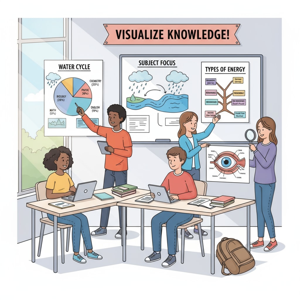 An illustration depicts students actively using various visual learning materials like charts and diagrams to study different subjects, highlighting the importance of visual aids in student learning. Visual learning materials used by K12 students for enhanced learning