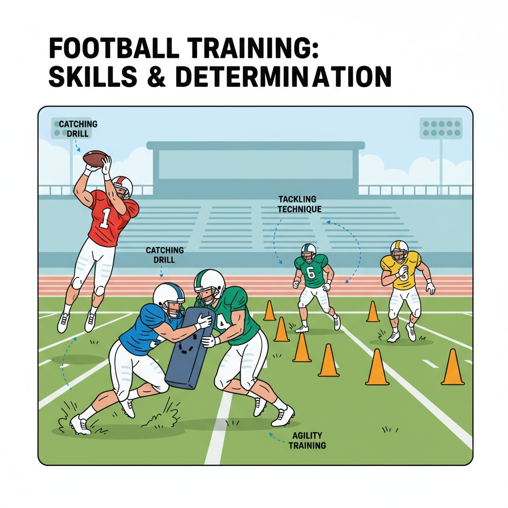 Football players practicing on the field, showing their skills and determination during training Football players practicing for college admissions while fulfilling academic requirements