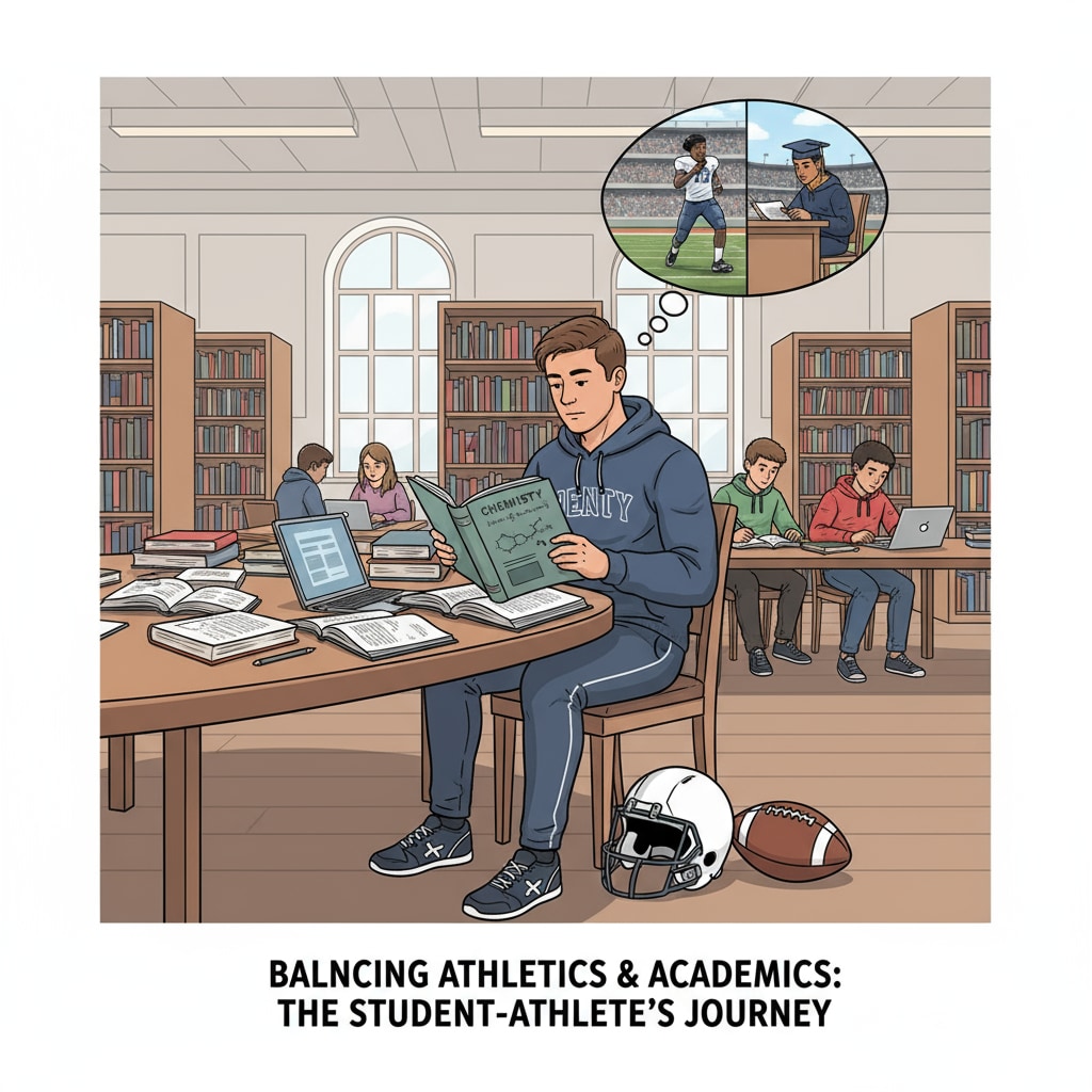 A football player studying in the library, showing the effort to balance sports and academics A football player striving to meet academic requirements for college admission