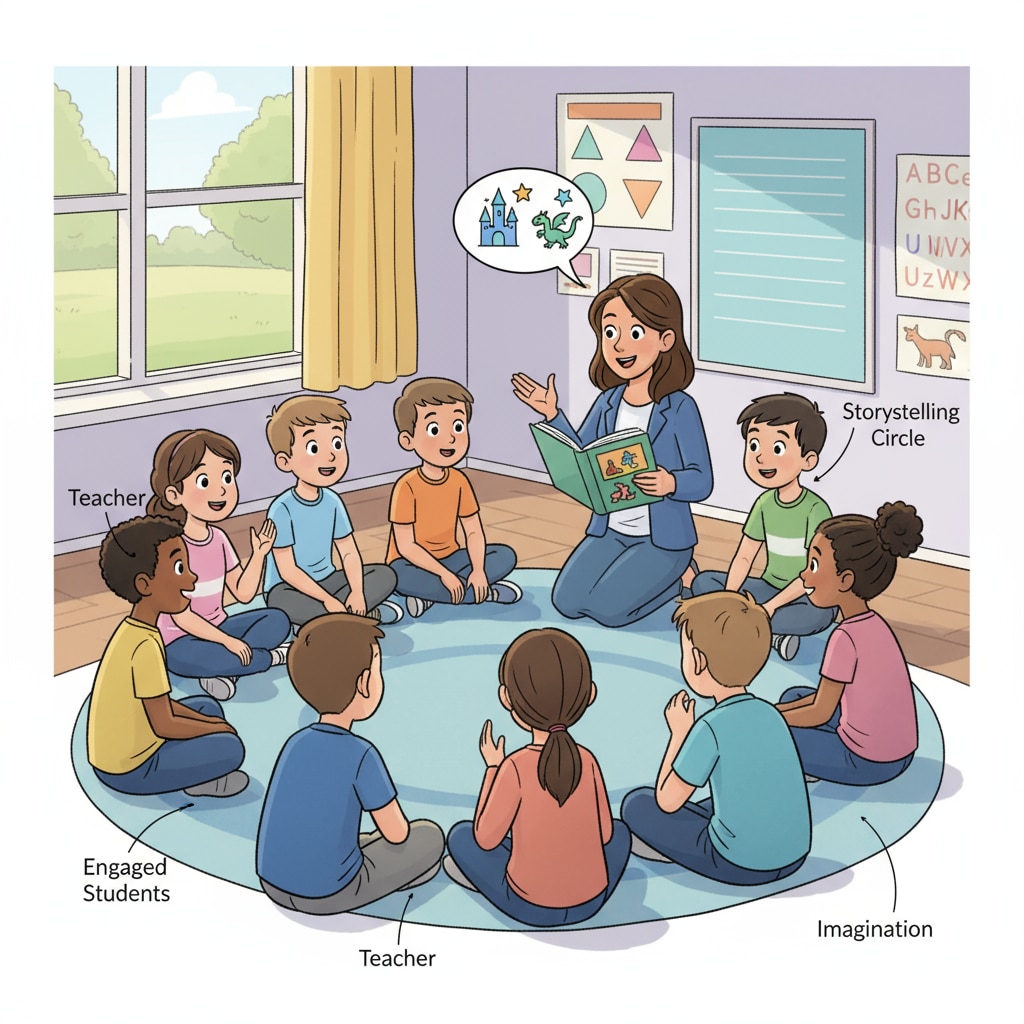 A group of K12 students are sitting in a circle, listening attentively as their teacher tells a story. The students have engaged expressions on their faces. K12 students engaged in a storytelling session for identity transformation and Blueprint Decoded learning