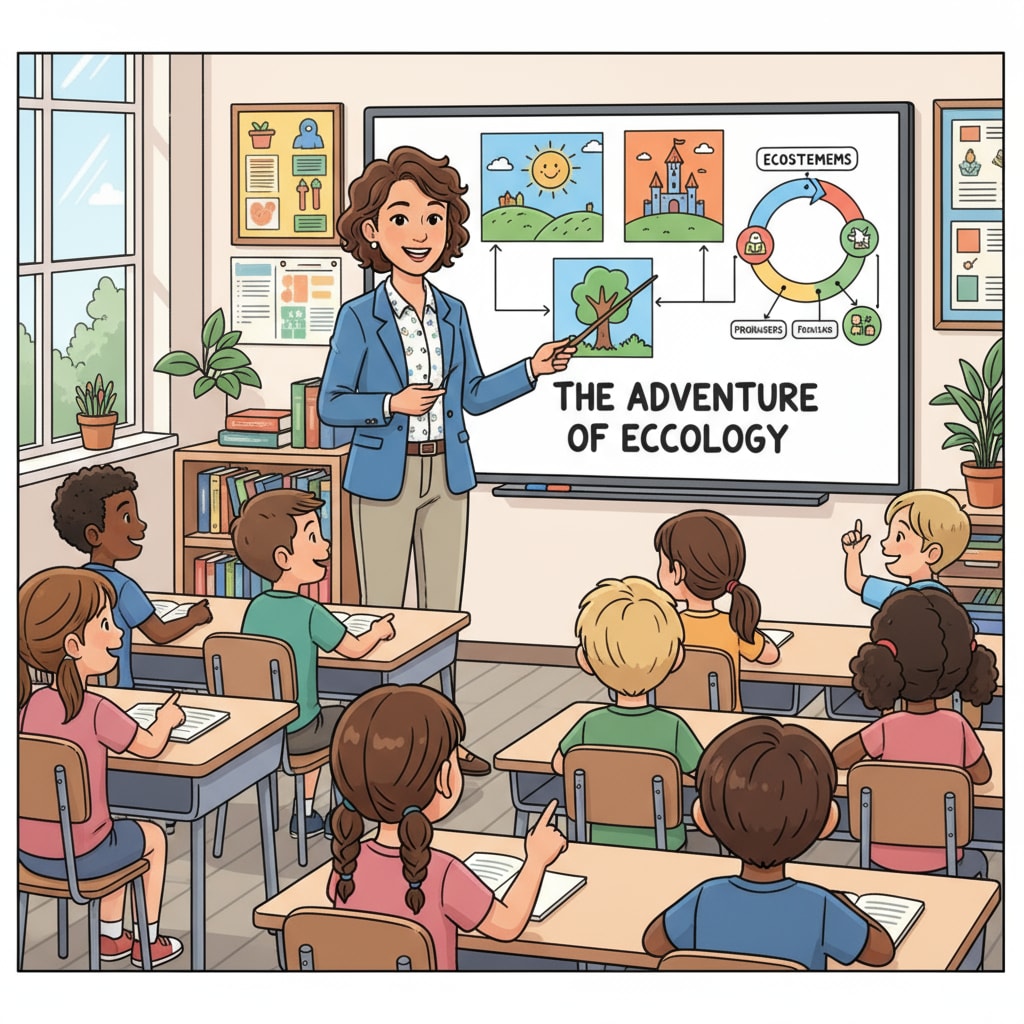 A teacher is standing in front of a classroom, using pictures and charts as visual aids while telling a story to K12 students. The students are looking at the visuals with interest. Teacher using visual aids in storytelling for K12 students' identity development related to Blueprint Decoded