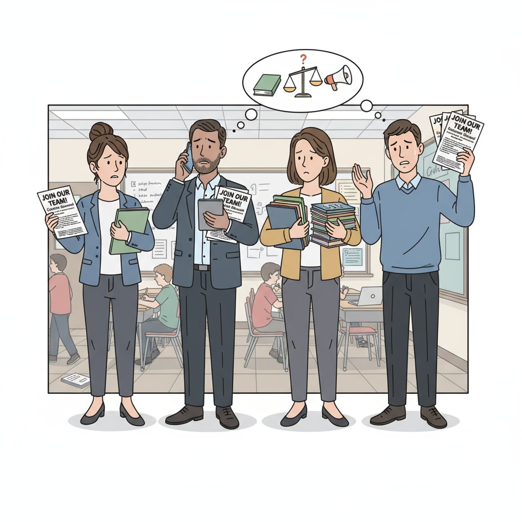 A group of charter school teachers looking stressed while holding recruitment flyers. The teachers seem burdened as they try to balance their educational duties with the unexpected recruitment tasks. Charter school teachers under work pressure due to recruitment promotion.