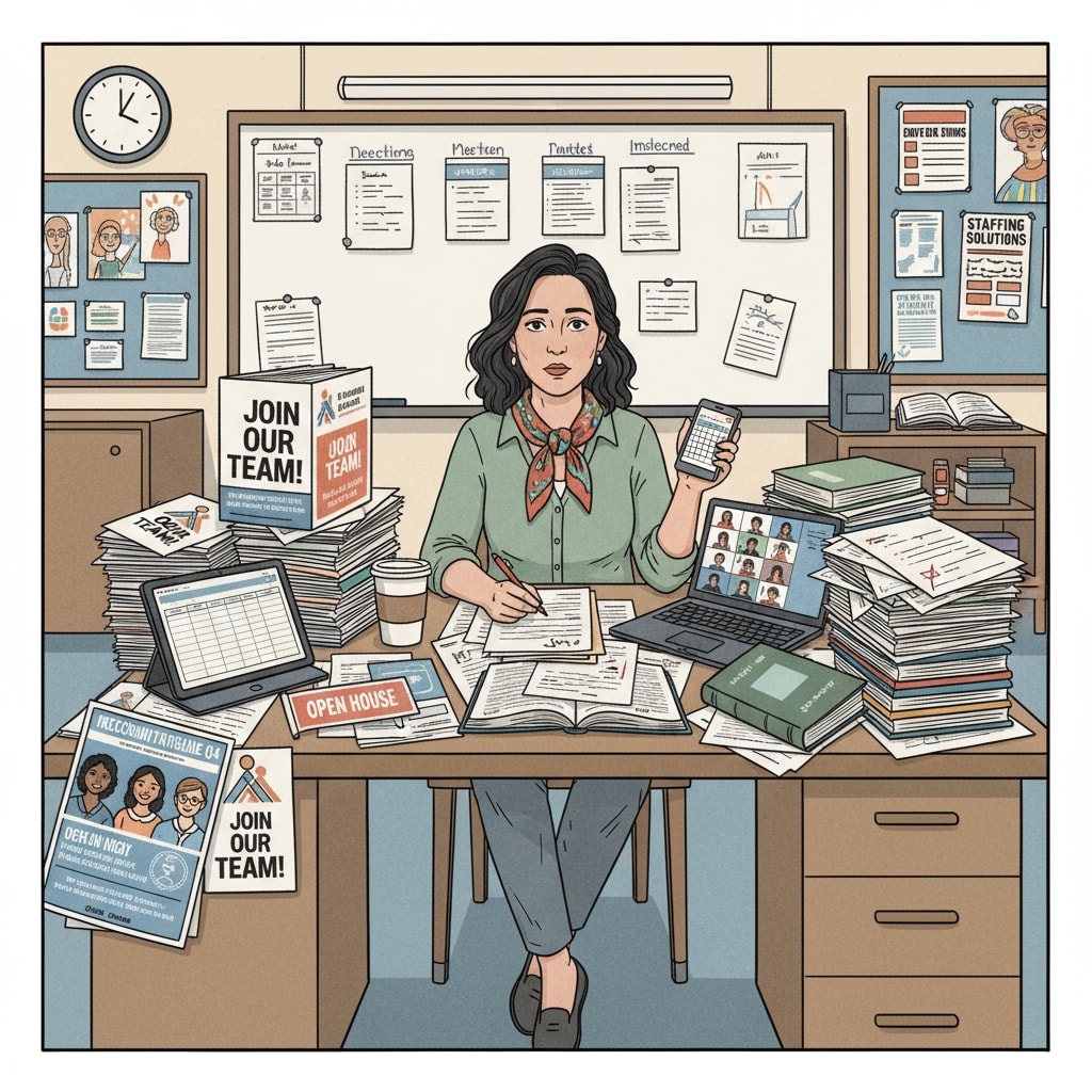 A charter school teacher sitting at a desk, surrounded by recruitment materials and schoolwork. The scene depicts the overwhelming situation faced by teachers as they deal with both teaching and recruitment responsibilities. Charter school teacher experiencing work pressure from combined teaching and recruitment tasks.