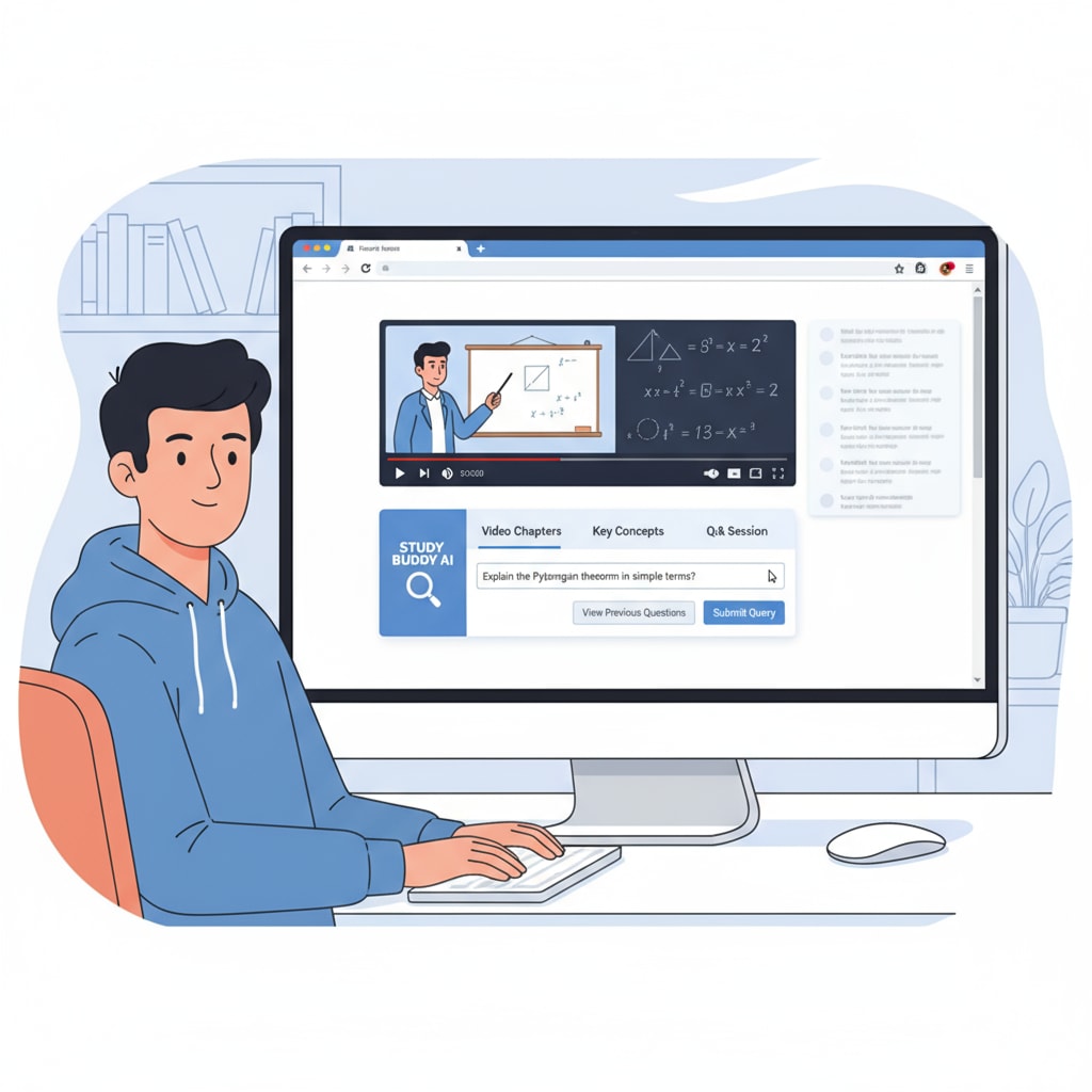 A visual representation of a student using a browser with an educational video playing and the extension interface visible, showing the question session being inserted. A student using a browser extension for focused learning during an educational video session
