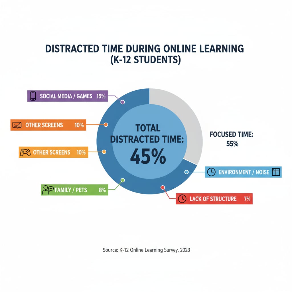 A graphical illustration depicting the percentage of distracted time during online learning for K12 students, with different factors contributing to the distraction shown. Graph showing distracted time percentage for K12 students during online learning
