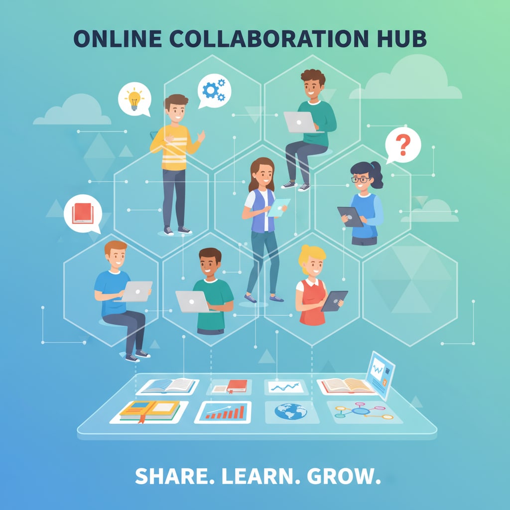 A virtual scene where students are interacting in an online learning environment, sharing ideas and resources. Students interacting in an online learning community using Discord and WhatsApp