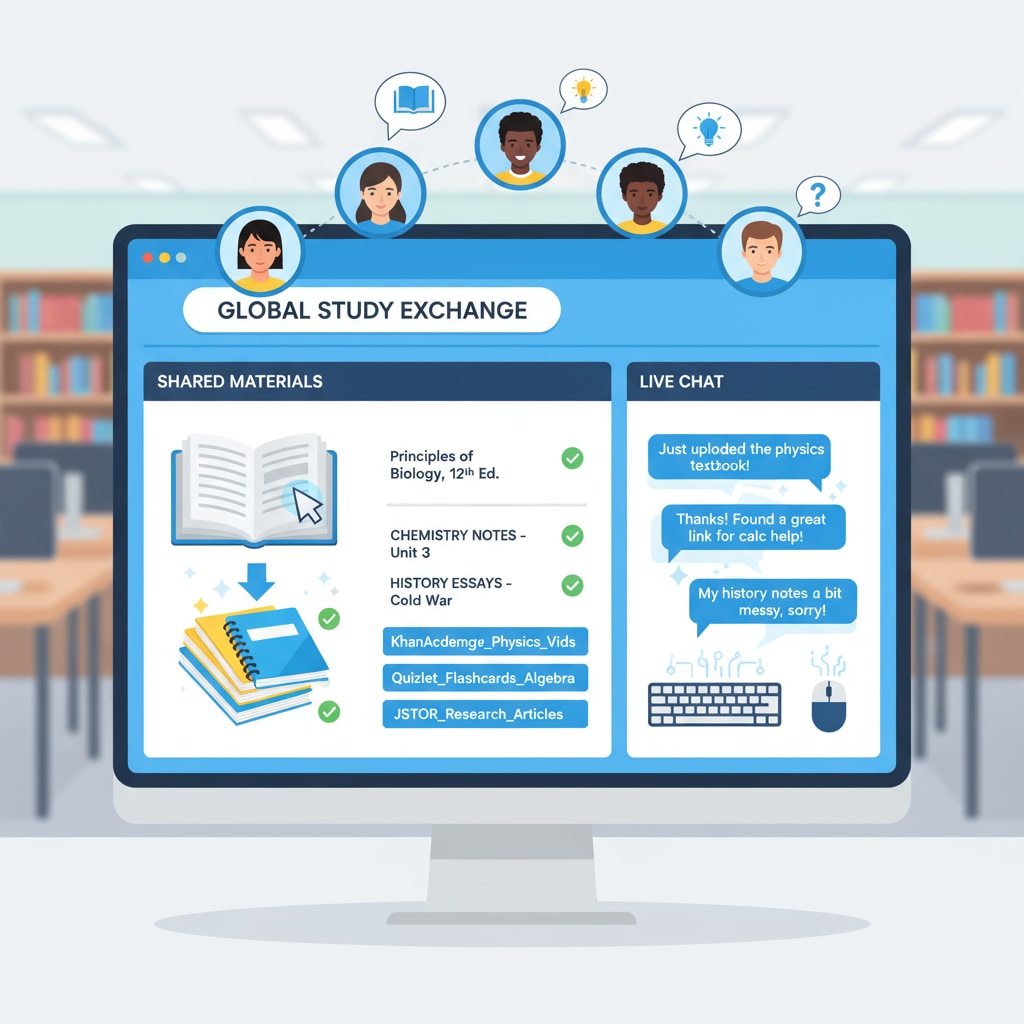Students are seen sharing study materials like textbooks, notes, and links in an online group setting. Students sharing study materials in an online learning group on WhatsApp and Discord