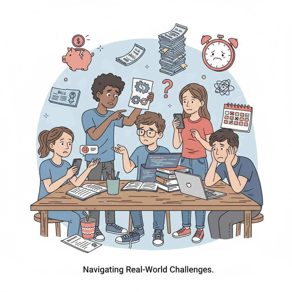 A group of students looking worried while discussing problems, representing the challenges they face in real life. Students facing real-life challenges and showing concerns, highlighting school's role in student preparedness.