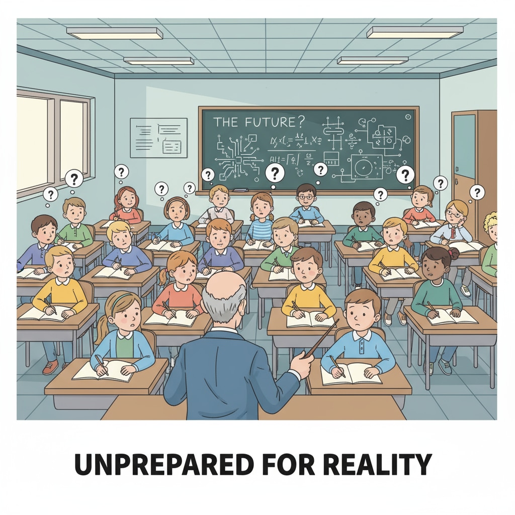 Students sitting in a classroom looking confused, symbolizing the lack of preparedness due to traditional school education. Confused students in a classroom, emphasizing the limitations of school's traditional role in preparing students for real challenges.