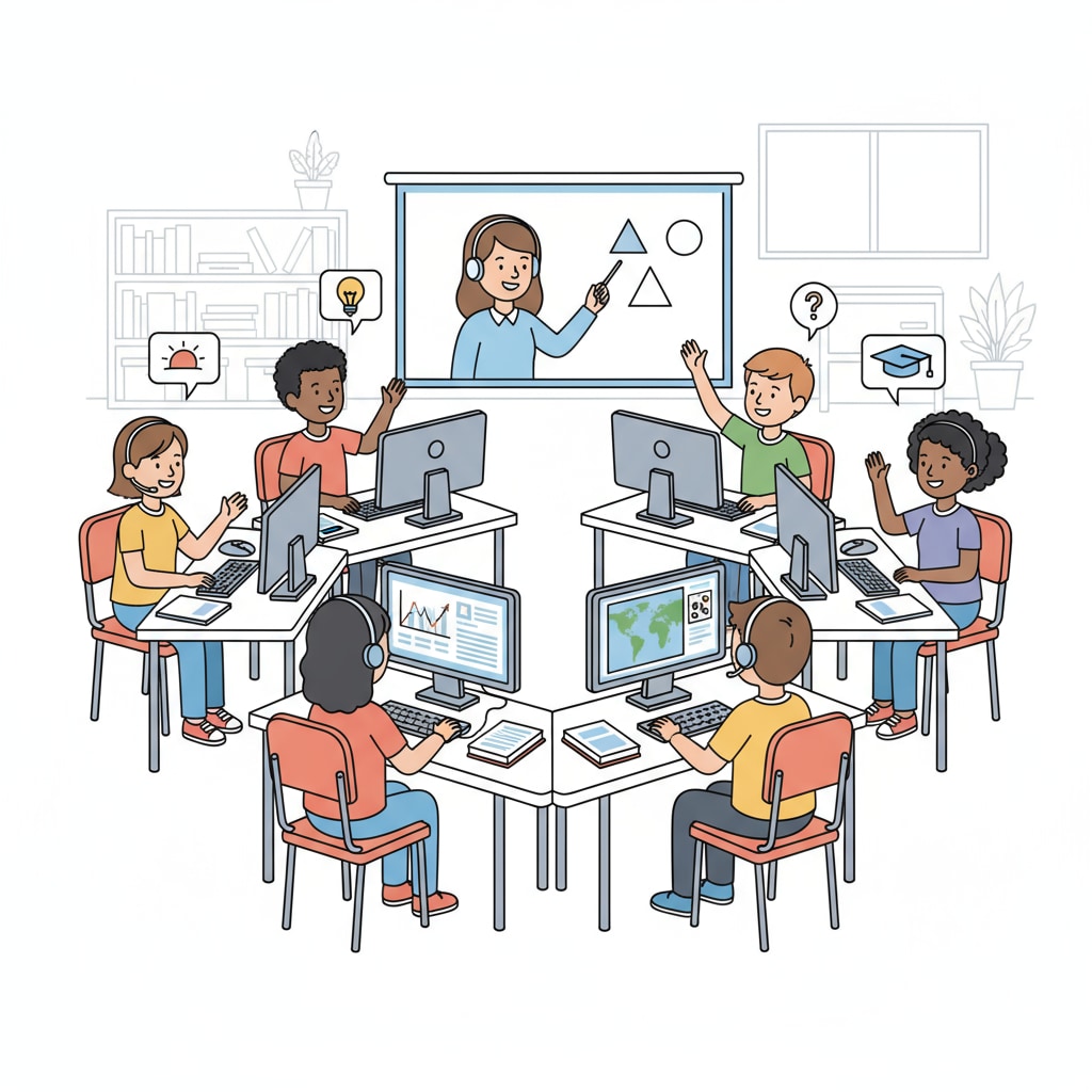 A group of K12 students sitting in front of their computers, engaged in online learning K12 students in online learning facing self-discipline and lack of campus life challenges