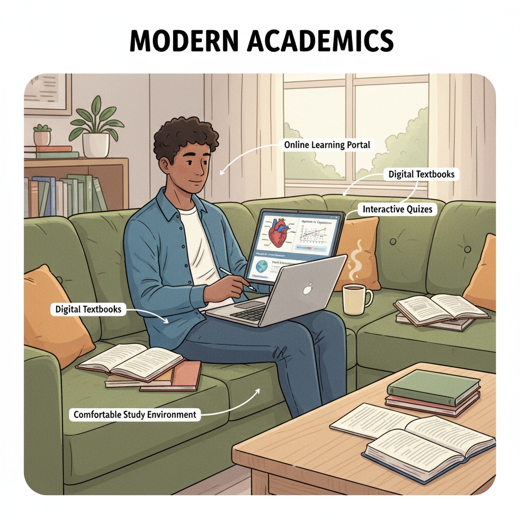 A student sitting on a couch, with a laptop open, studying various subjects online Student enjoying digital freedom in online learning but struggling with self-discipline