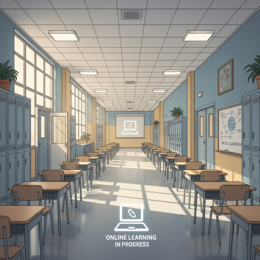 A school campus with empty hallways and classrooms, representing the absence of students during online learning Empty campus highlighting the lack of campus life for K12 students in online learning