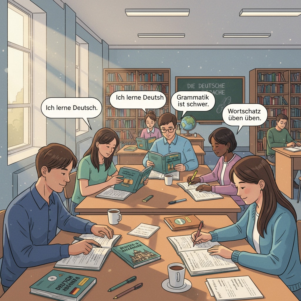 Foreign students are sitting at desks in a library, looking at German language textbooks and notes, showing their efforts in learning the German language. Foreign students studying German language in a library to overcome language barriers during their German study.