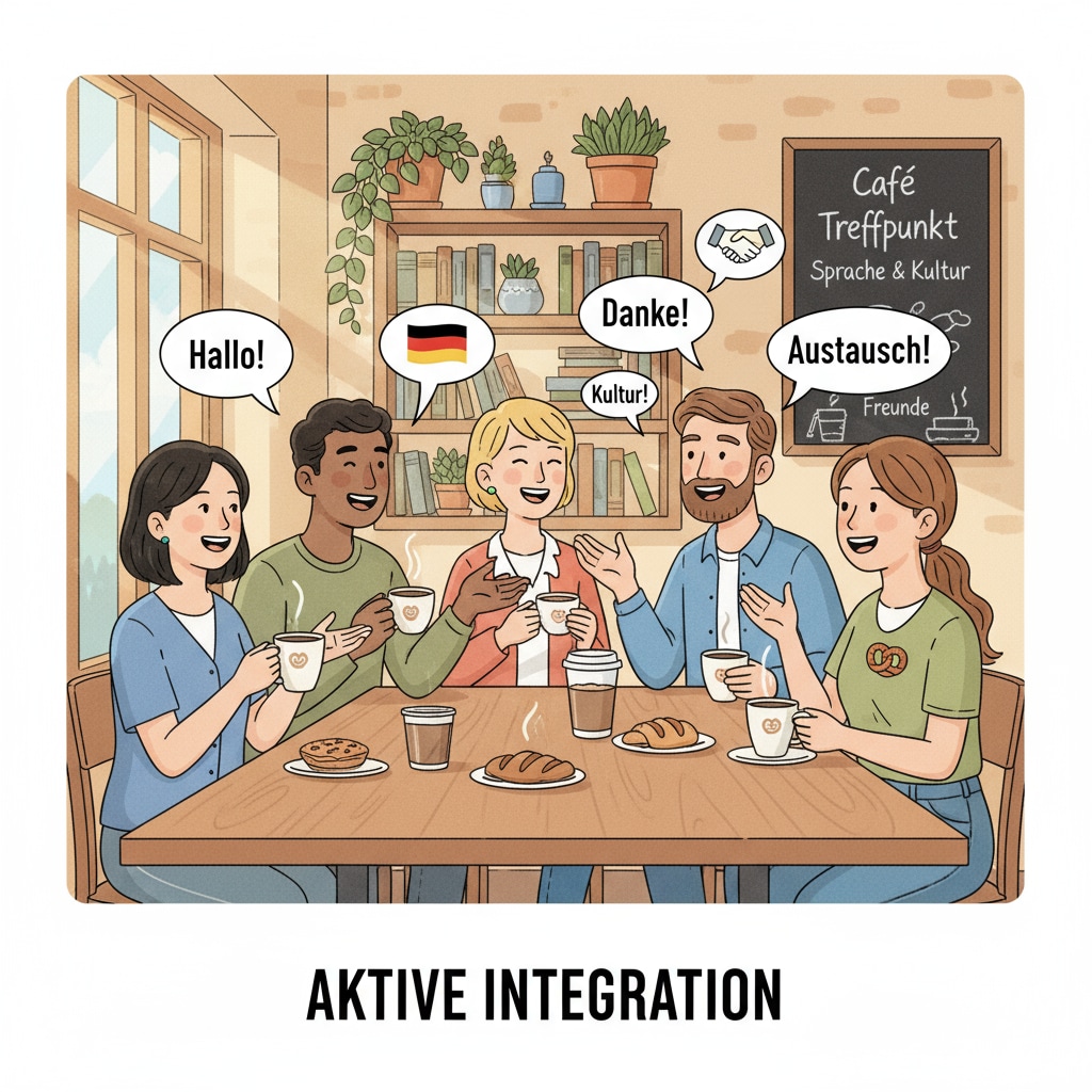 A group of foreign students are chatting and laughing with German locals in a cozy coffee shop, indicating their active integration into the local environment. Foreign students interacting with German locals in a coffee shop to improve their German language skills during their study in Germany.
