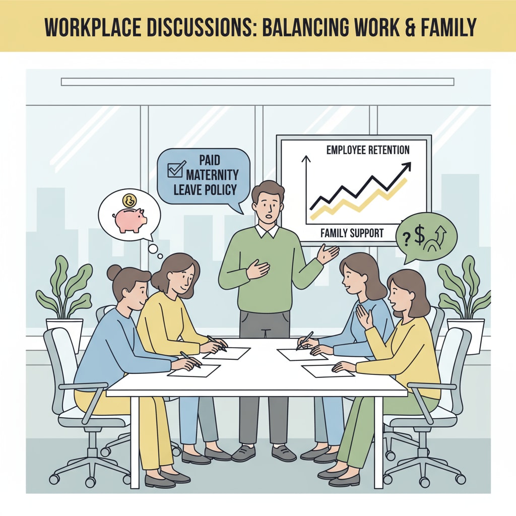 A group of people are sitting around a table in an office, engaged in a discussion about paid maternity leave. Some are looking at documents, and others are expressing their opinions. People discussing paid maternity leave for research interview questions