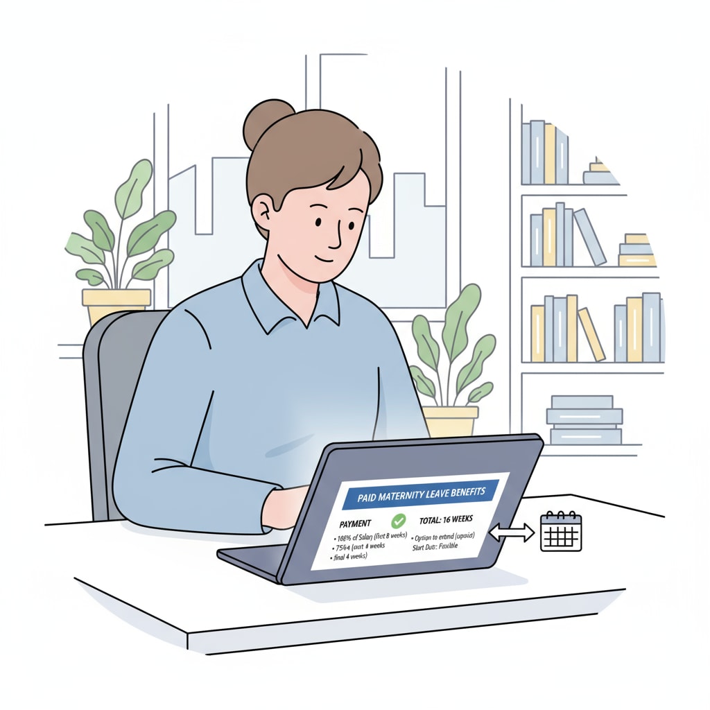 A woman is sitting at a desk, looking intently at a document that shows details of paid maternity leave benefits such as payment amounts and leave durations. A woman examining paid maternity leave document for interview insights