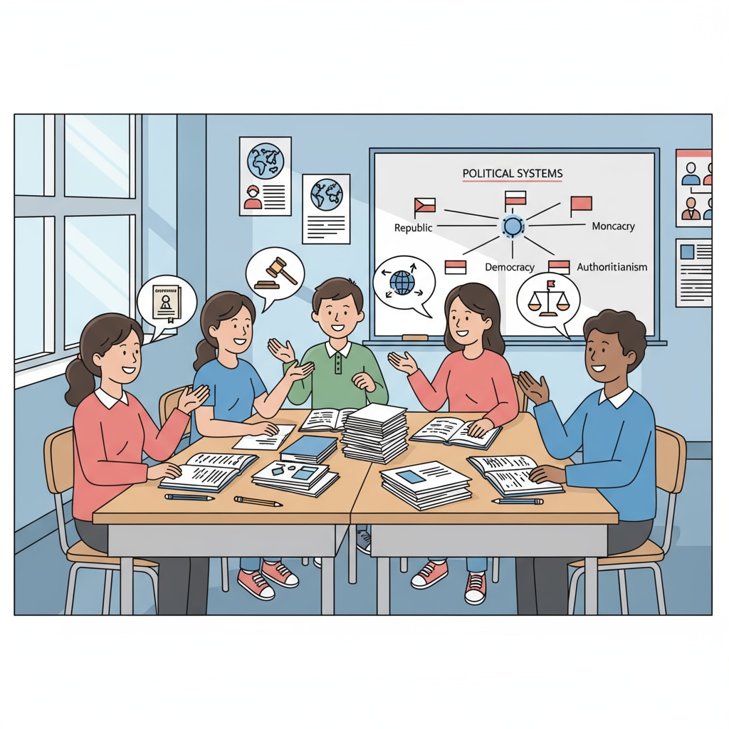 A classroom scene where students are actively discussing political science topics, with books and papers on their desks. Classroom discussion on political science in European universities