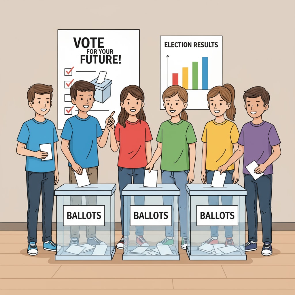 A group of European students, wearing different colored shirts, participating in a mock election with ballot boxes and posters in the background. European students participating in a mock election for political science learning