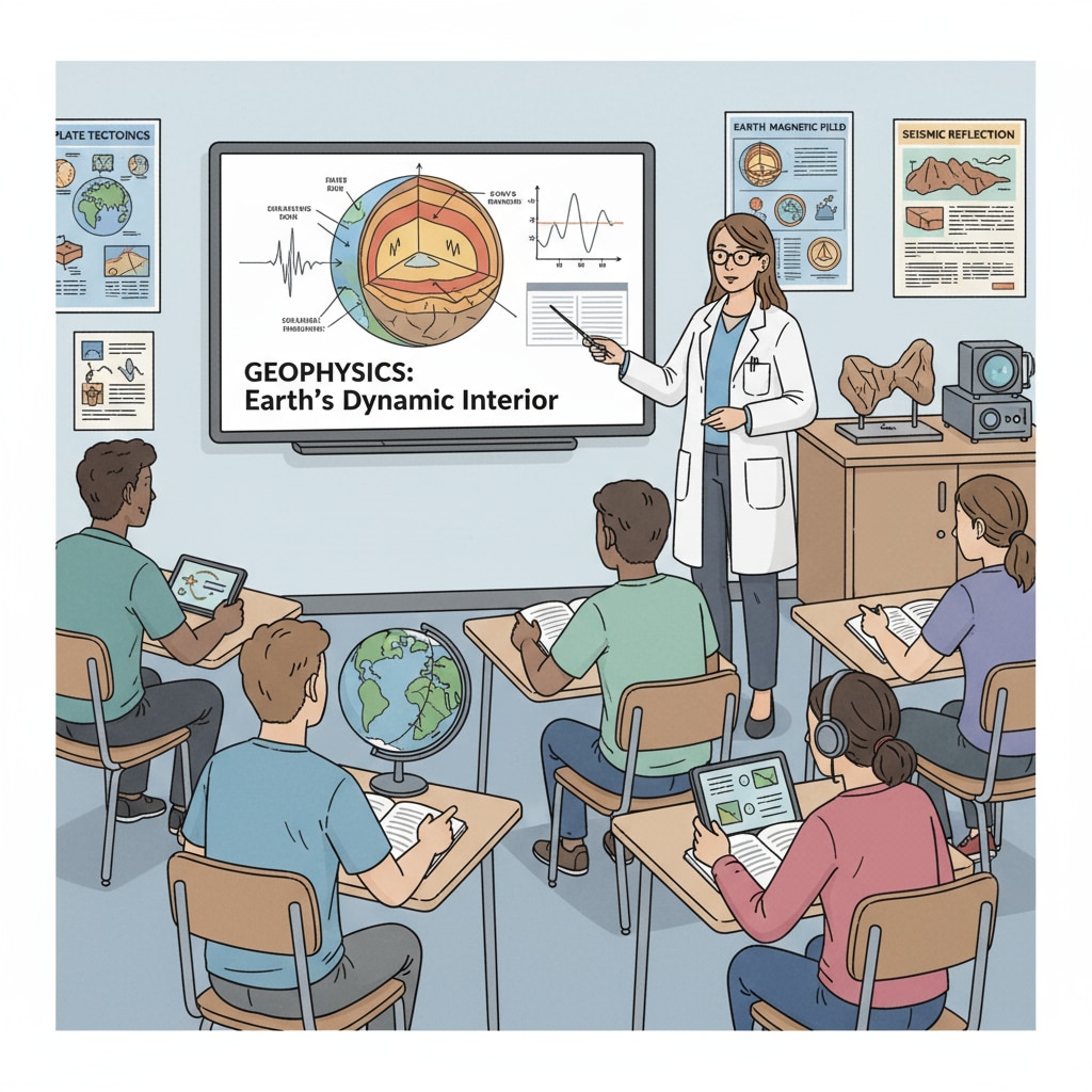 A classroom scene where students are attentively learning about geophysics concepts from an instructor. Geophysics learning in a K12 classroom related to employment dilemmas and second master's degree considerations
