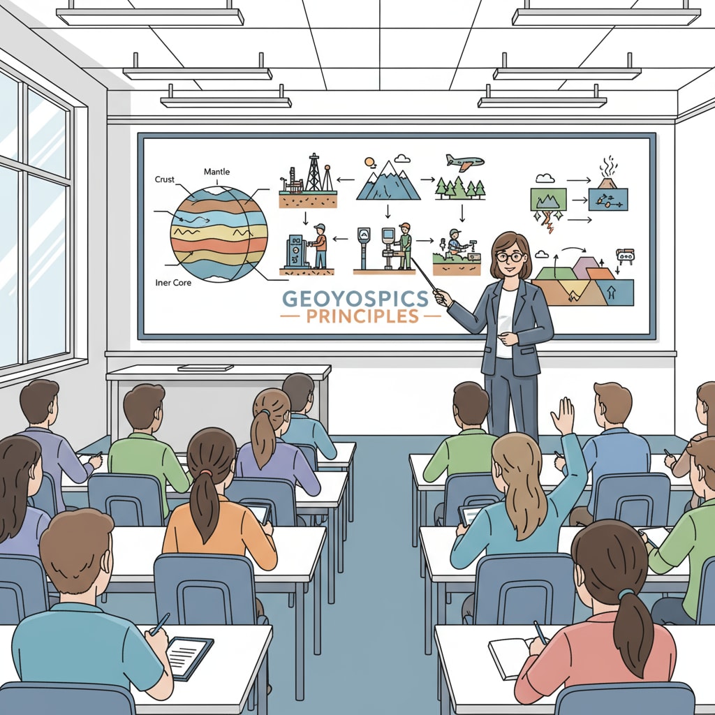 A geophysics professional standing in front of a class, teaching various geophysics principles. Geophysics professional teaching in a K12 classroom amidst employment dilemmas and second master's degree pursuits