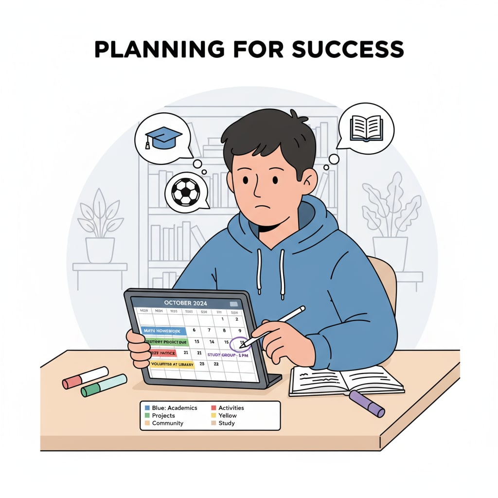 An illustration showing a student using a calendar app to plan study and activity schedules. The student is seen marking different tasks and events on the calendar with a pen. A student using a free calendar app with organizational features to plan study and activities.