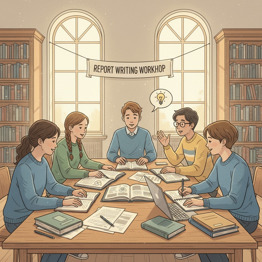 A group of high school students are sitting around a table in a library, discussing and making notes for their report writing. High school students discussing report writing in a library to improve exam scores using writing skills