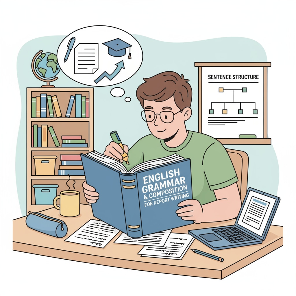 A student is sitting at a desk, reading a grammar book intently to enhance their writing skills for report writing exams. Student reading a grammar book to improve report writing skills and exam scores