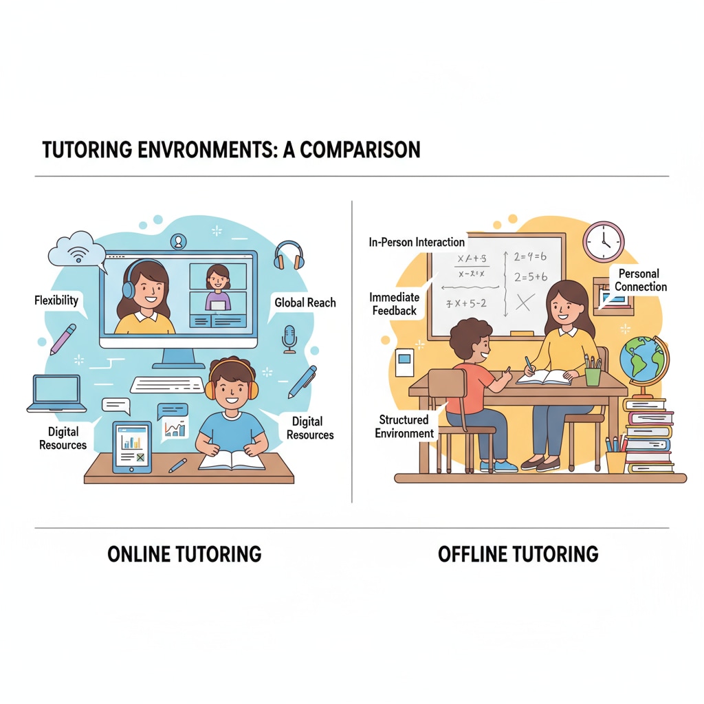 A diagram comparing the online and offline tutoring environments, showing elements like a virtual classroom on one side and a physical classroom on the other. Comparison of online and offline K-12 tutoring environments related to parental trust