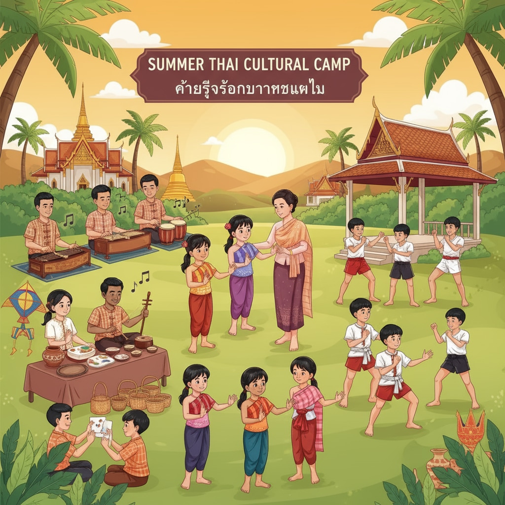 Teachers and students are participating in various local Thai activities such as traditional dance learning during the summer camp. The atmosphere is lively and full of cultural elements. Teachers and students enjoying local Thai activities in a Thai English summer camp