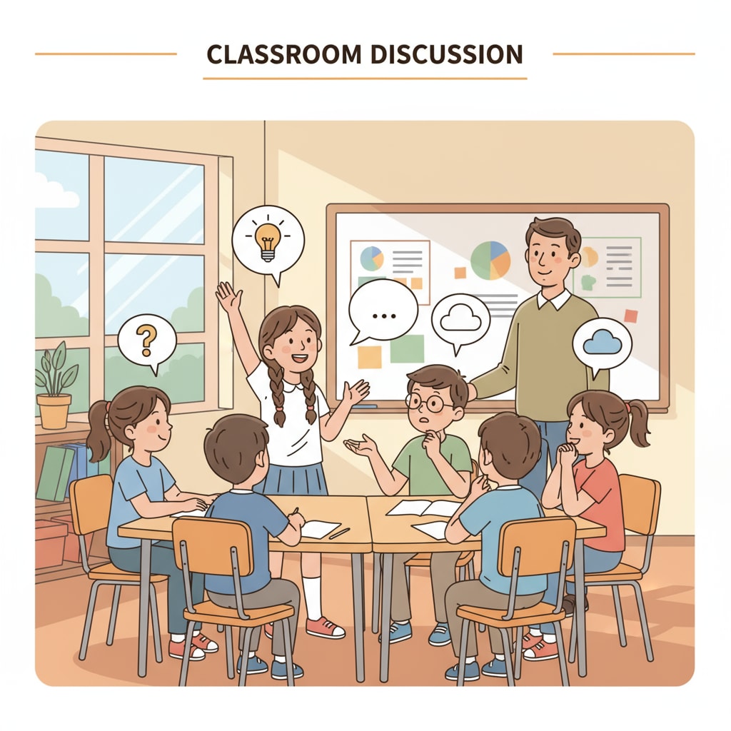 A group of students are engaged in a lively discussion in a classroom, with some raising their hands and others sharing their thoughts. Students discussing motivation theories and learning experiences in a classroom