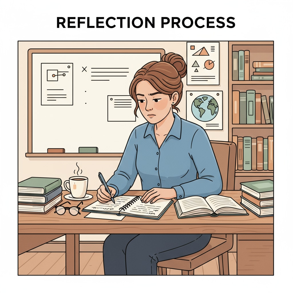 A teacher is sitting at a desk, writing notes in a notebook, deep in thought during the reflection process. Teacher reflecting on motivation theories and learning experiences
