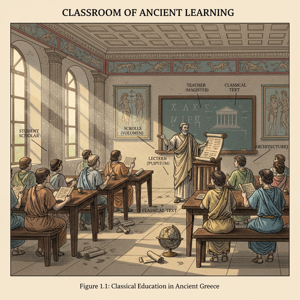 A classroom scene in the era of classical education, students sitting at desks, listening to a teacher expounding on classical literature Classical education classroom scene showing historical changes in educational models