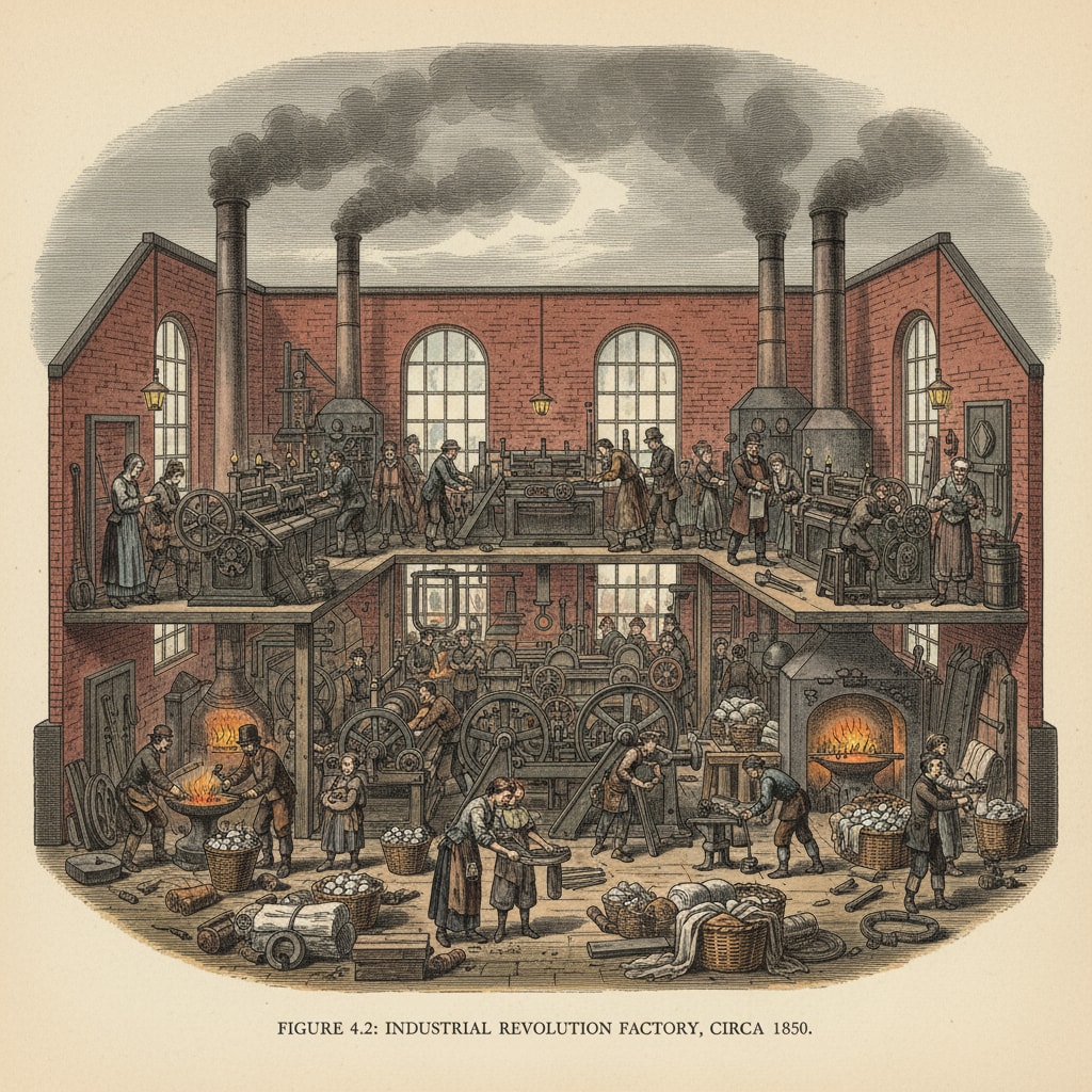 Workers in an industrial factory during the Industrial Revolution Industrial Revolution workers highlighting its impact on classical education and educational models