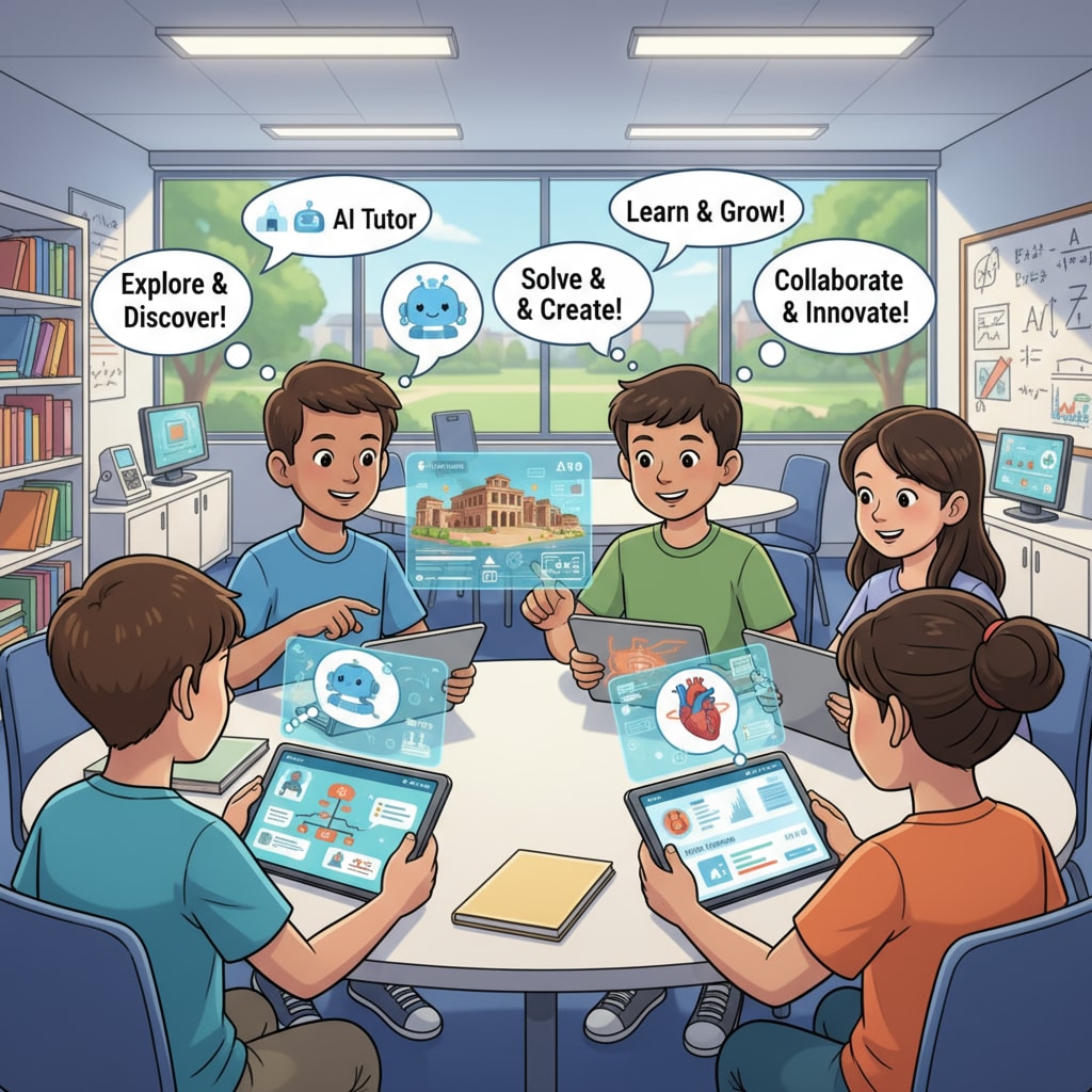 Students using tablets with AI - based educational apps relevant to Artificial Intelligence, White House Working Group, and Responsibility Management