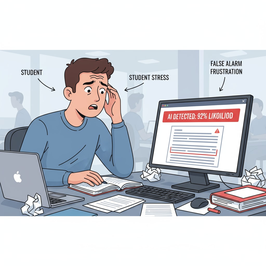 A student is shown looking concerned as they view the result of an AI detector on their computer screen, highlighting the stress false alarms can cause. A worried student facing an AI detector false alarm in K12 education