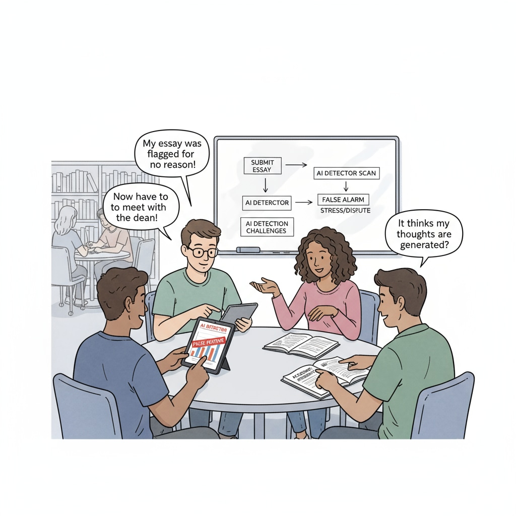 A group of students are engaged in a discussion about an AI detector false alarm, depicting the impact on students' academic lives. Students discussing an AI detector false alarm in K12 academic setting