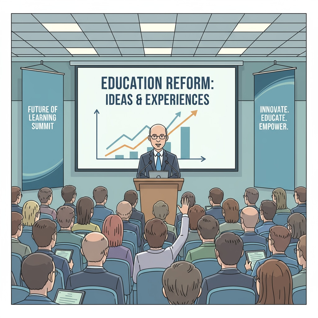 Joel Klein is delivering a speech at an education conference, sharing his ideas and experiences related to education reform. Joel Klein speaking at an education conference relevant to New York City schools and mayoral election influence