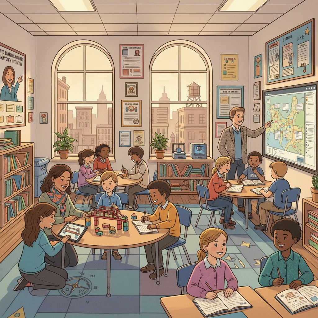 A classroom in a New York City school with students actively engaged in learning activities, representing the educational environment affected by mayoral decisions. Students in a New York City school classroom affected by mayoral election education policies