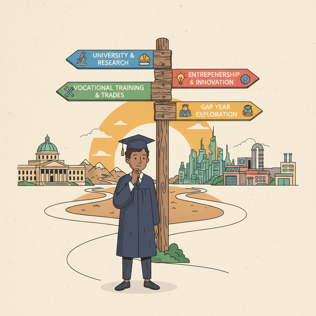 An illustration of a person standing at a crossroads with signs pointing to different educational directions, symbolizing the various choices in educational paths. Illustration of educational choices at a crossroads for degree completion, credit transfer, and educational choices