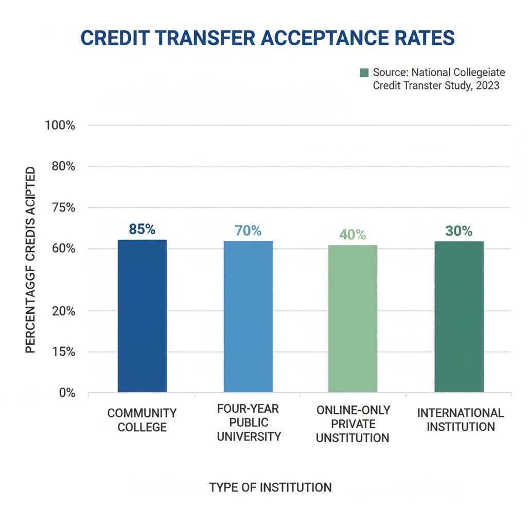 A graph showing the percentage of credits accepted from different types of institutions, providing visual data on credit transfer acceptance rates. Graph depicting credit acceptance rates from different institutions related to degree completion, credit transfer, and educational choices