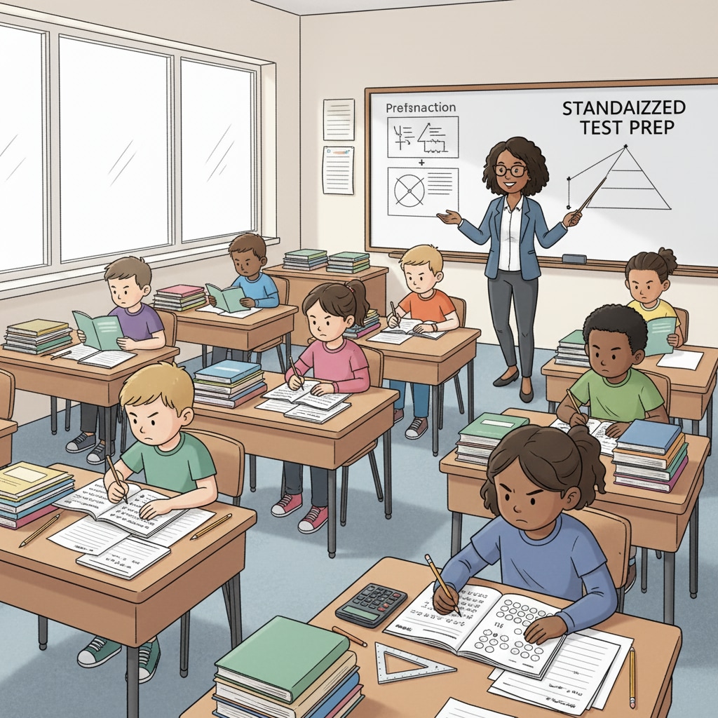 A classroom scene where children are focused on studying for standardized tests, with books and papers on their desks. Children studying for standardized tests related to Duke TIP, gifted education, ACT testing, and early academic assessment