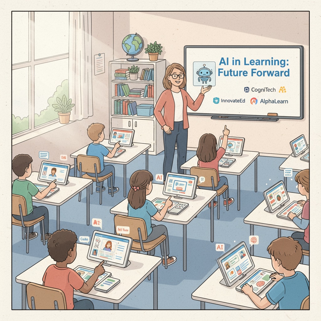 A scene where tech companies' AI products are being introduced into a K12 classroom, showing students using digital devices with AI software. Tech companies introducing AI products into a K12 classroom