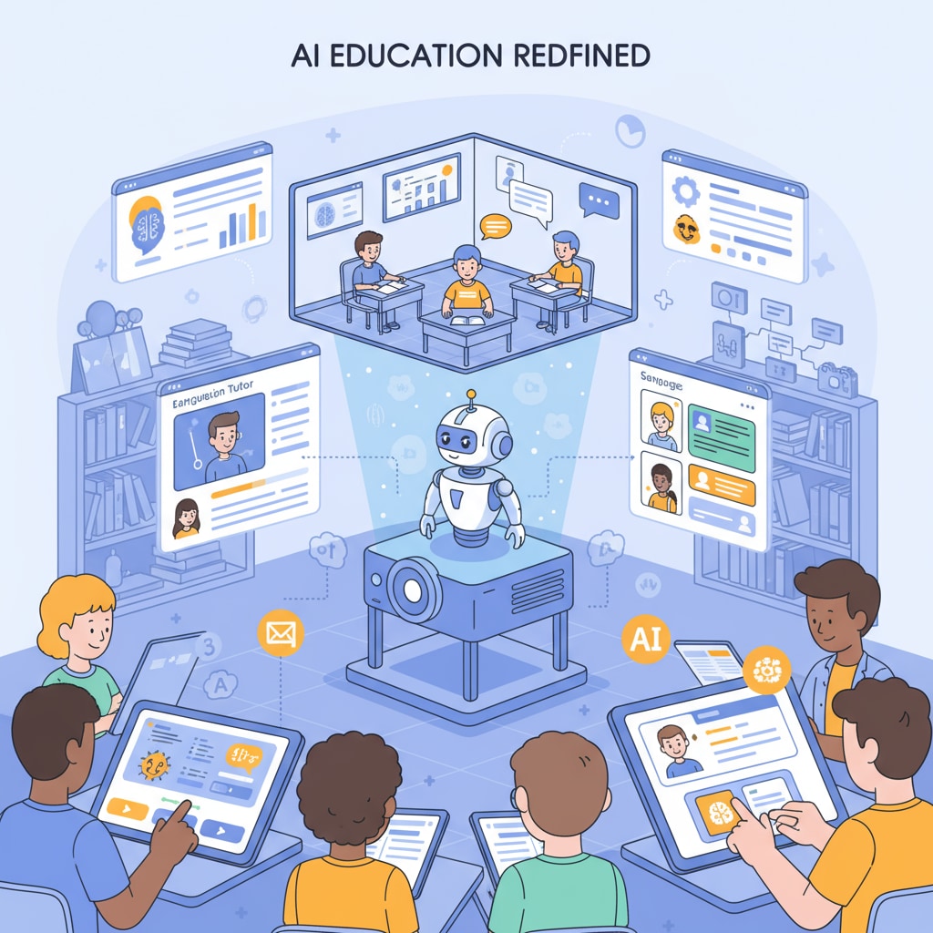 A display of different AI-driven educational products, including tablets with learning apps and intelligent tutoring systems. Different AI-driven educational products