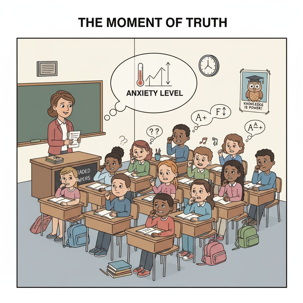A classroom scene where students are nervously waiting for their graded papers Students waiting for graded papers in the context of grade scoring systems, education quality, and education reform