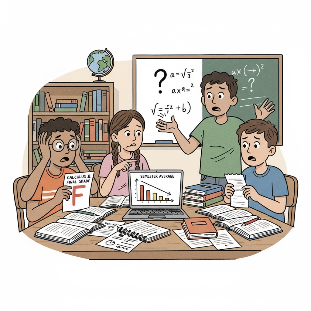 A group of students looking worried about their grades Students showing concern about grades related to grade scoring systems, education quality, and education reform