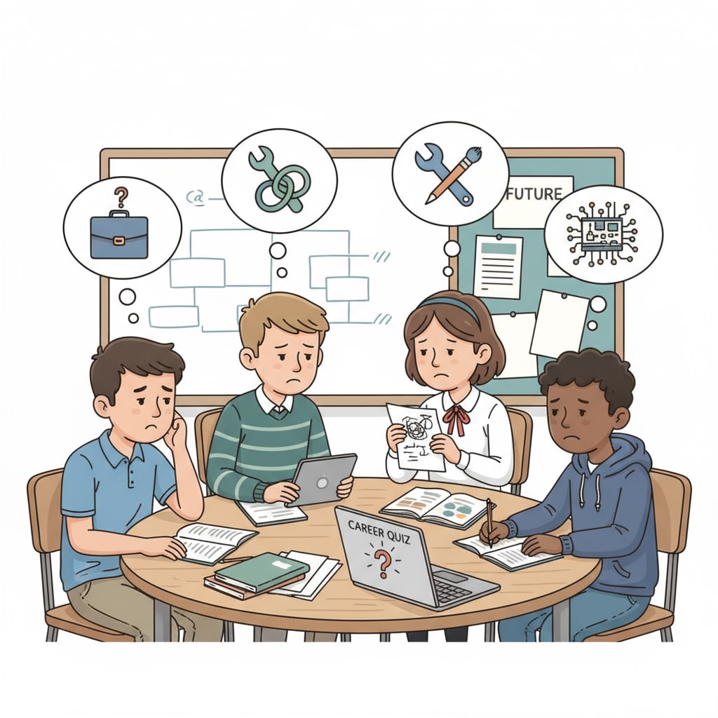 A group of K12 students sitting around a table, discussing their future career options with confused expressions. K12 students discussing career options with confusion, related to career planning, high salary, and confusion.