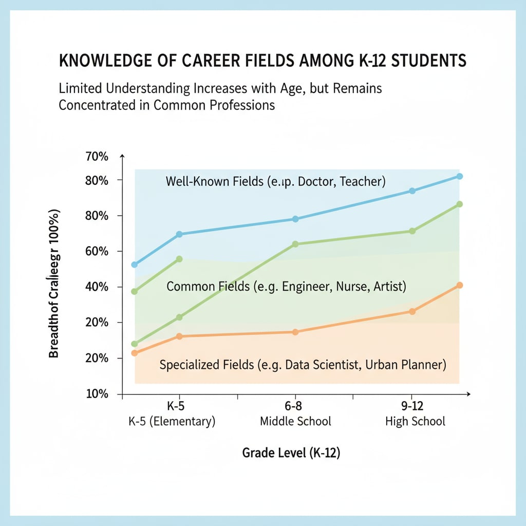 A graph showing the limited knowledge of different career fields among K12 students. Graph depicting K12 students' limited knowledge of career fields, relevant to career planning, high salary, and confusion.